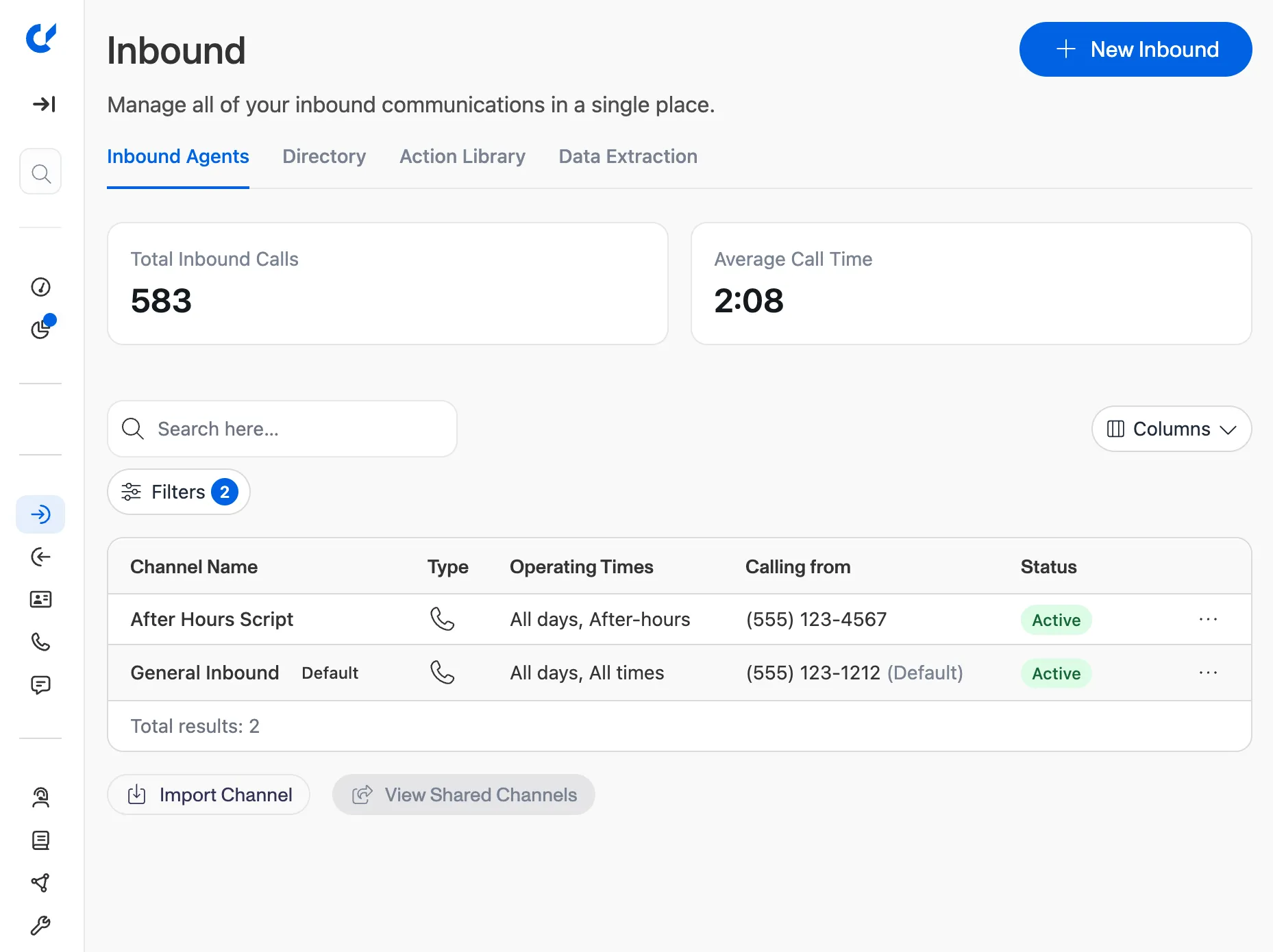 New design for Inbound showing the channel detail page with stepper navigation