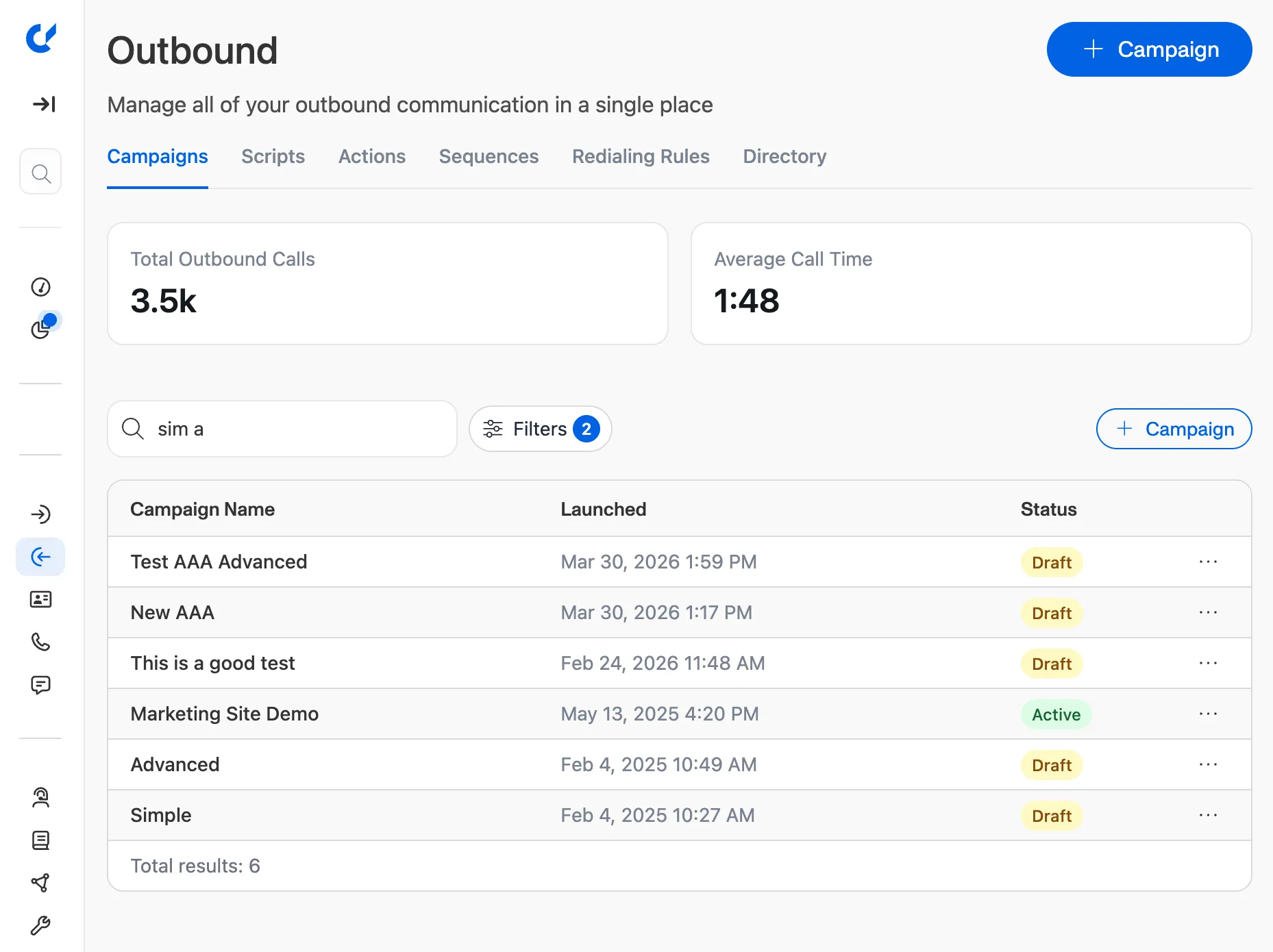 Der neue Outbound-Kampagnen-Assistent mit Schritt-für-Schritt-Ablauf: Audience, Sequence, Redialing und Test/Launch