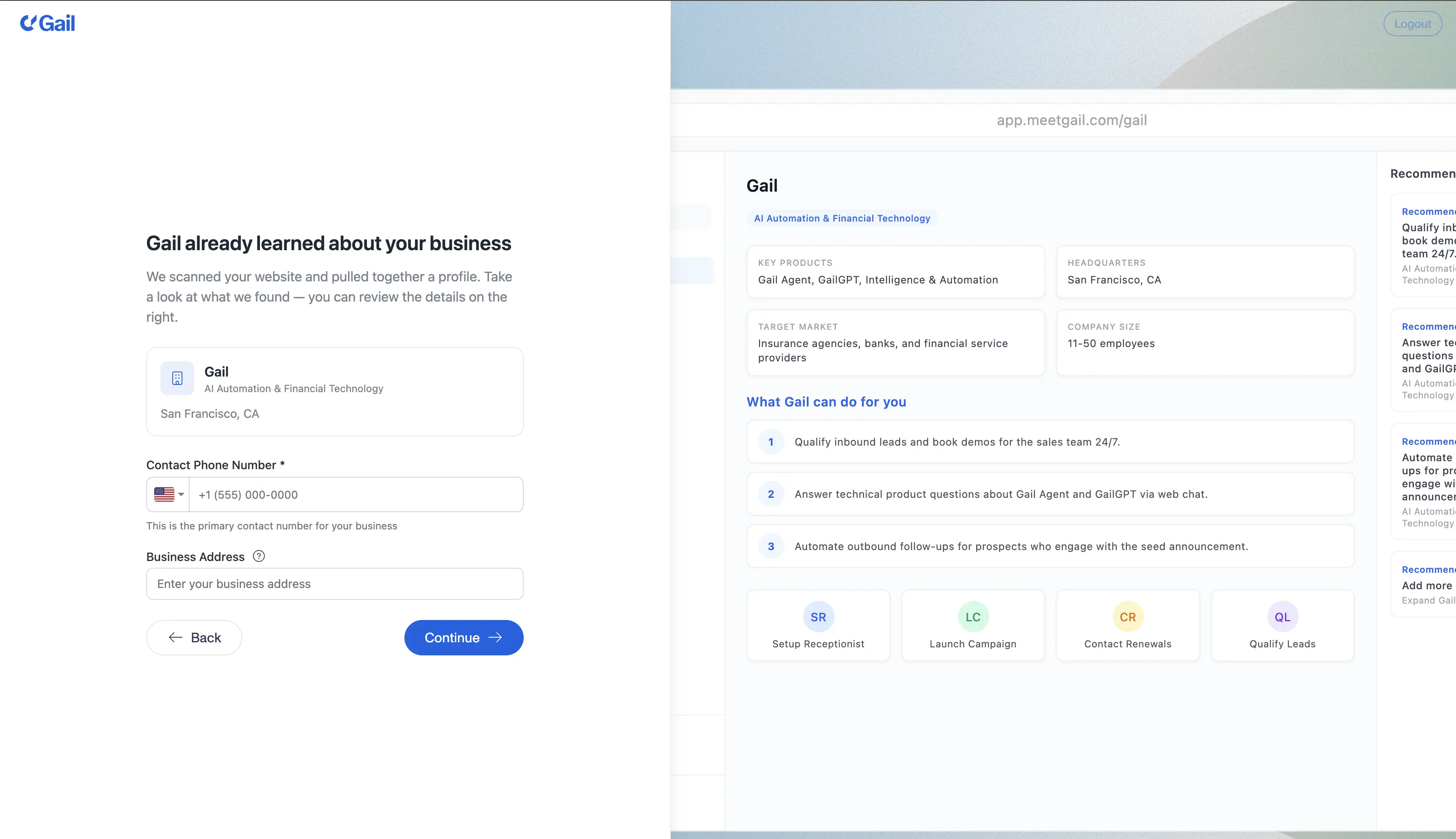 Onboarding step showing Gail having already learned about the business, with key products, headquarters, target market, company size, and recommended actions pulled from the website