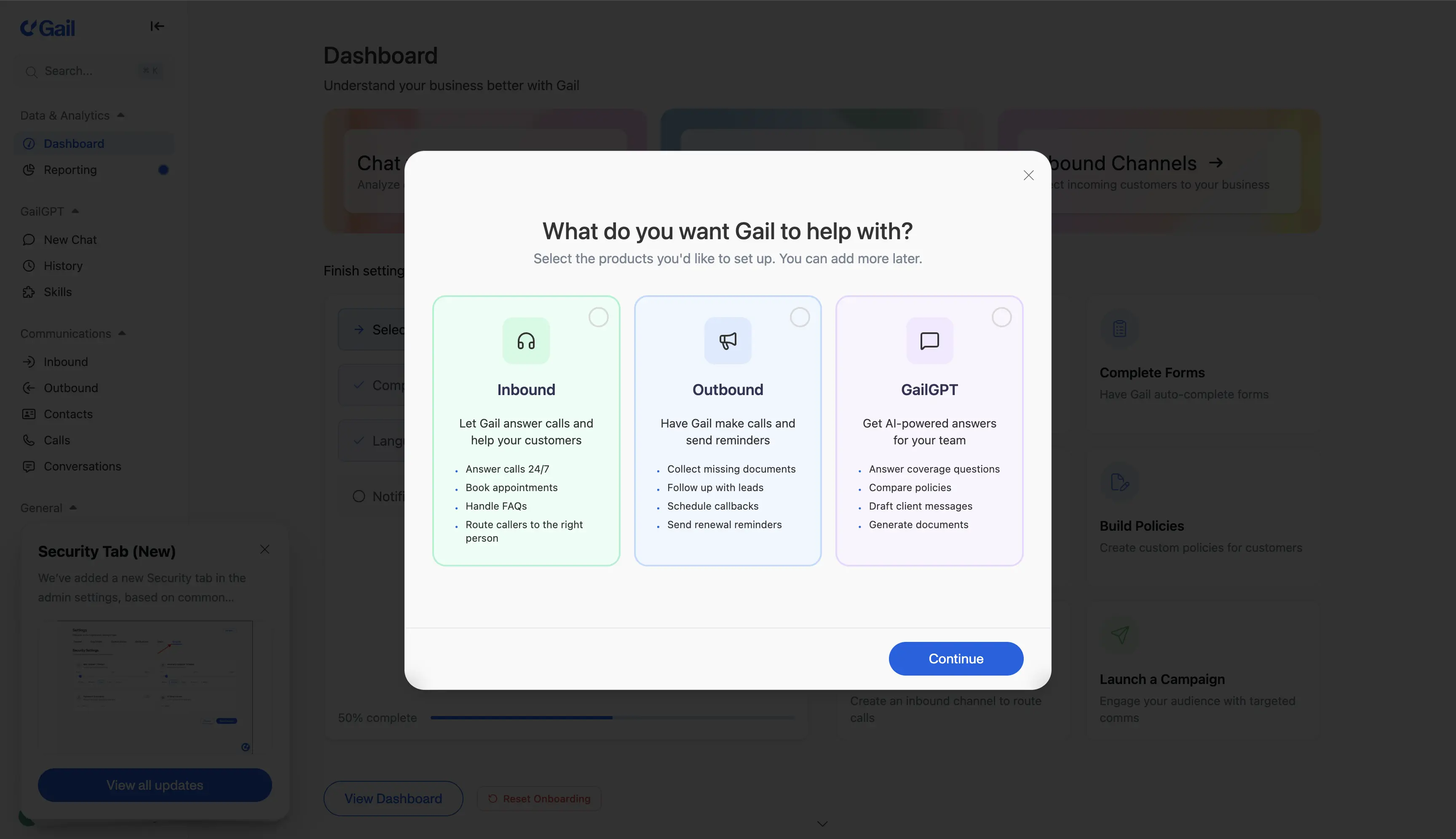 Onboarding modal titled 'What do you want Gail to help with?' showing the Inbound, Outbound, and GailGPT options with descriptions