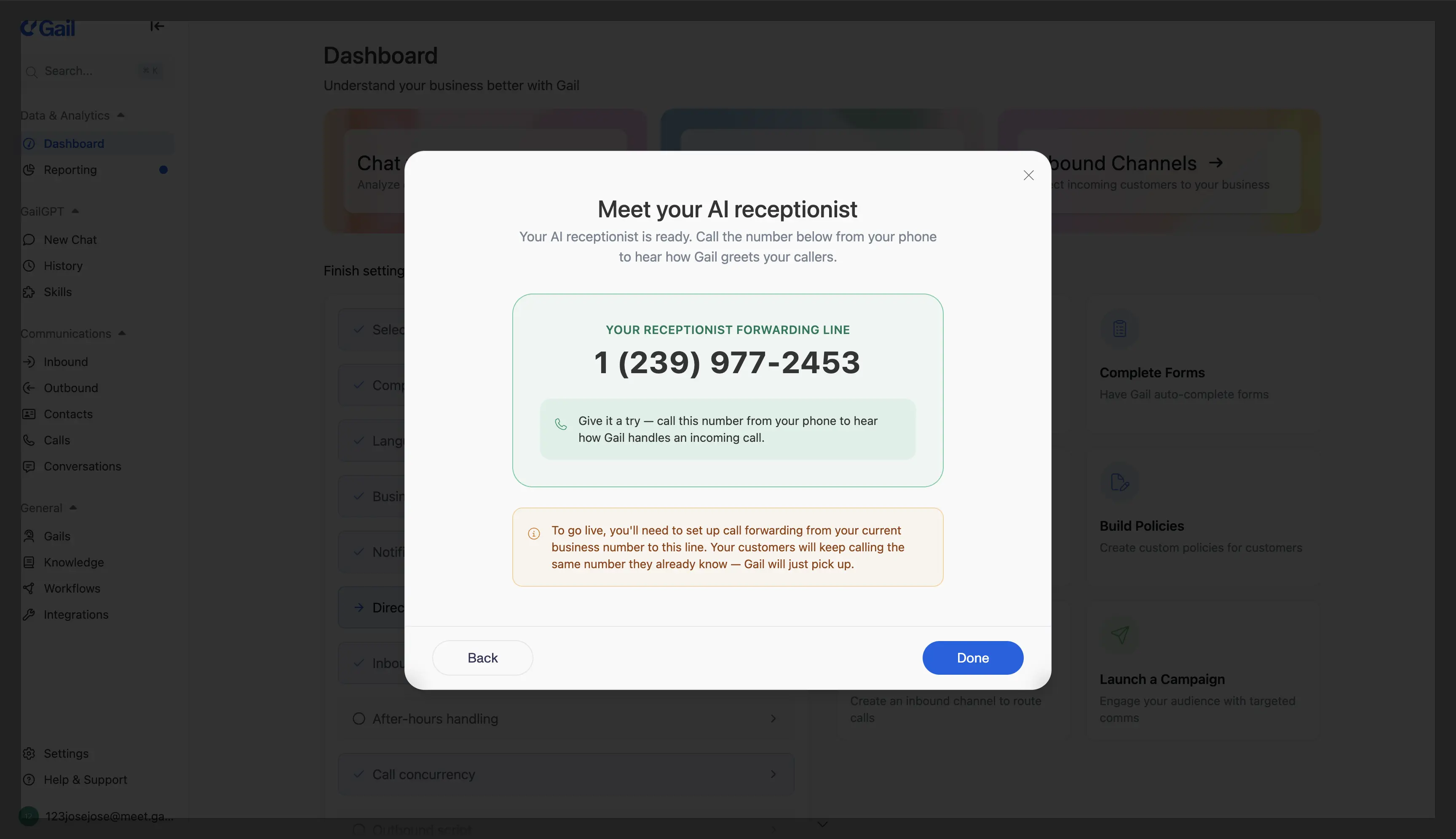 Onboarding step titled 'Meet your AI receptionist' showing a real forwarding phone number the user can call to hear Gail greet them